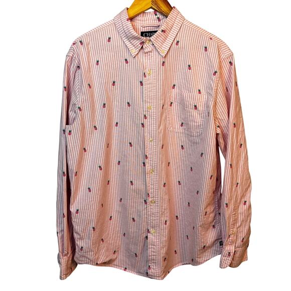 Mens Chaps Oxford Stretch Dress Shirt Button Up Pink Pineapple Novelty Large - Picture 1 of 7